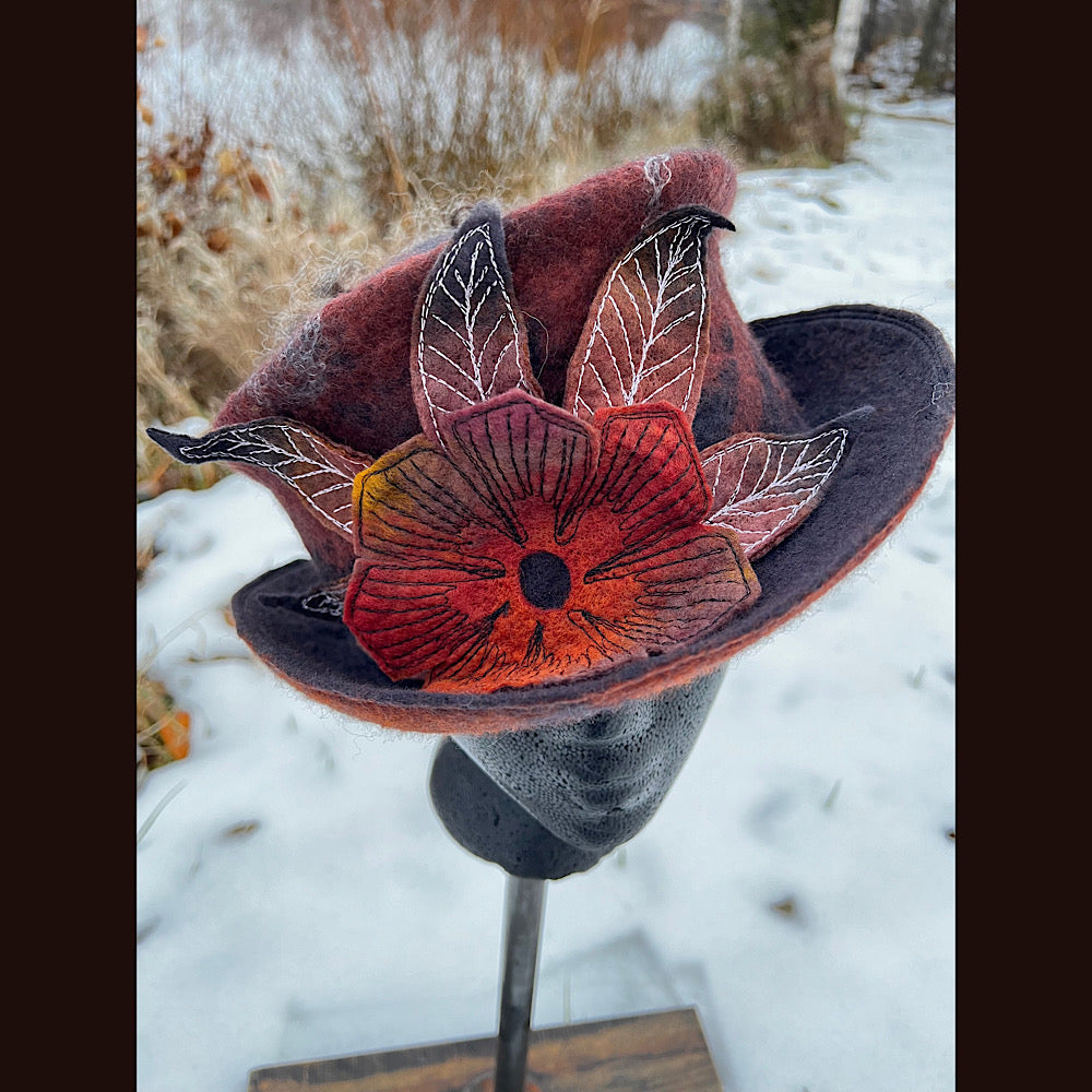 Felted top hat with rose 23” medium