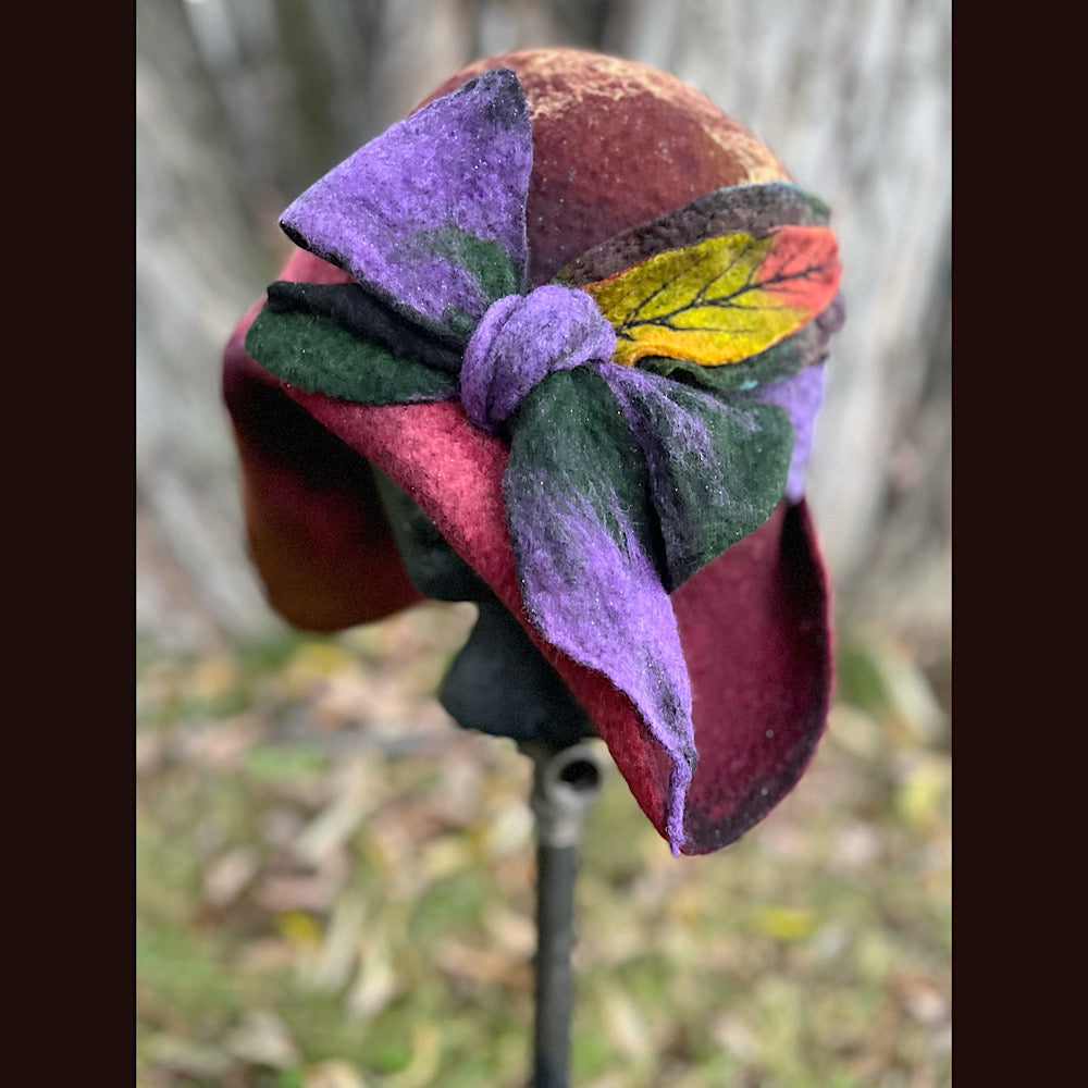 Felted cloche hat with leaves and bow 24” medium large