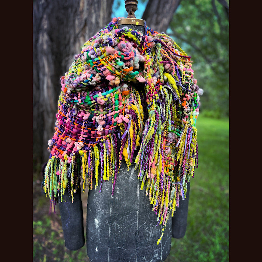 Rainbow warrior Woven shawl 82” X 36” 1 pound