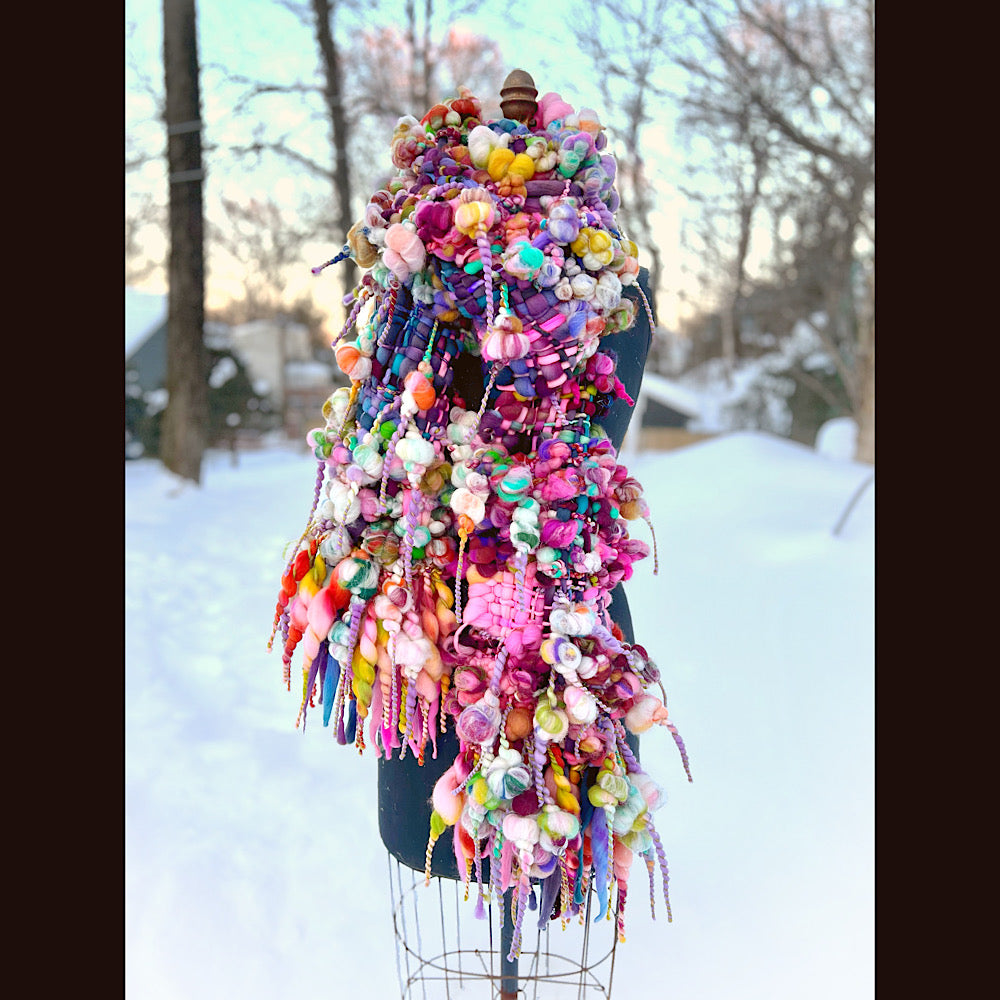 Frosted primroses woven art yarn Scarf 102” X 8” 1.6 pound!