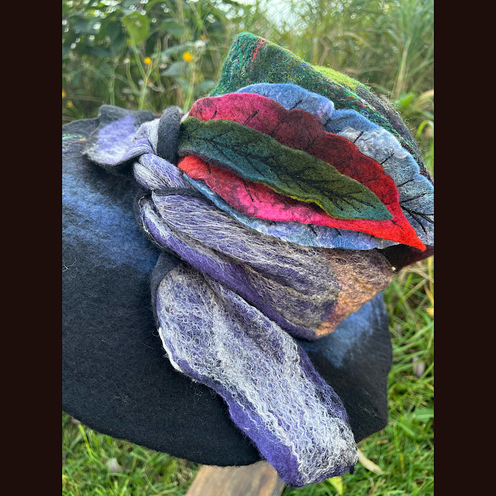 Felted top hat with leaves 23.5” medium