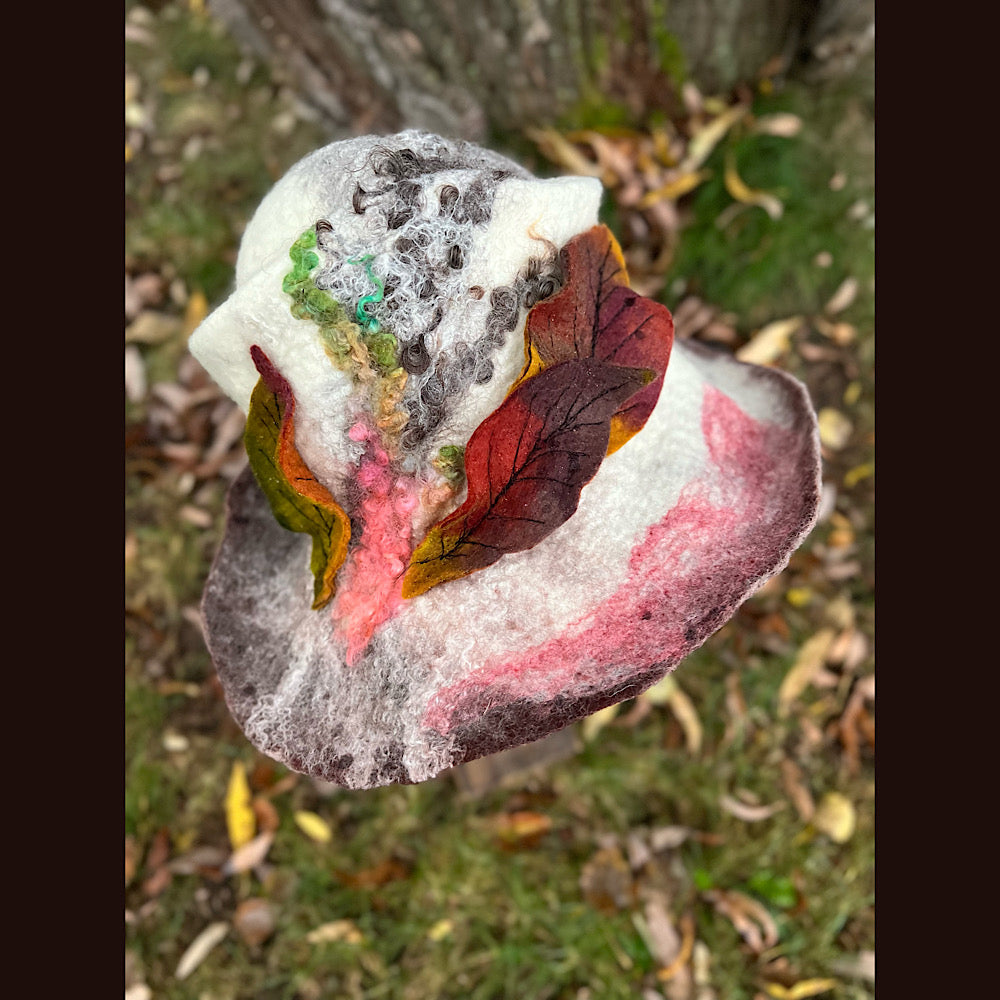 Felted top hat with leaves 23” medium