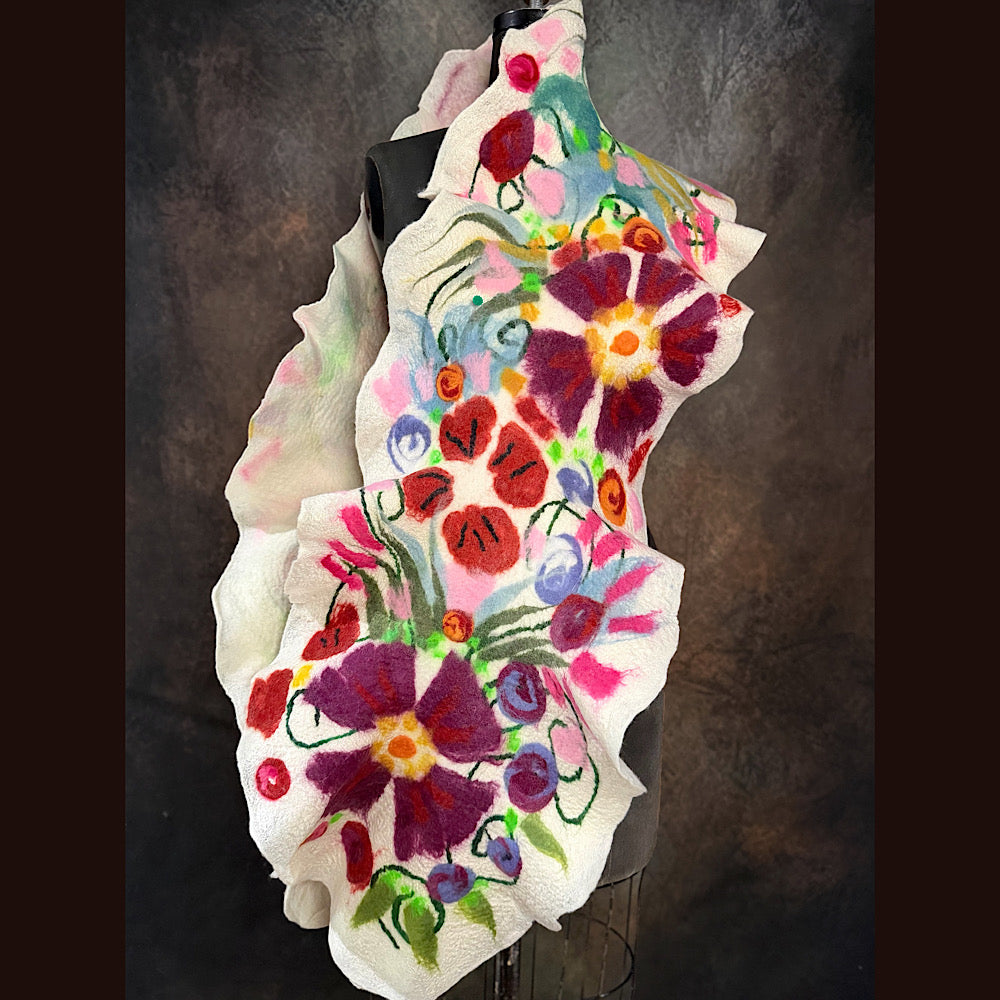 OOAK Handmade wool Felted Scarf 81” X 14” Original art work