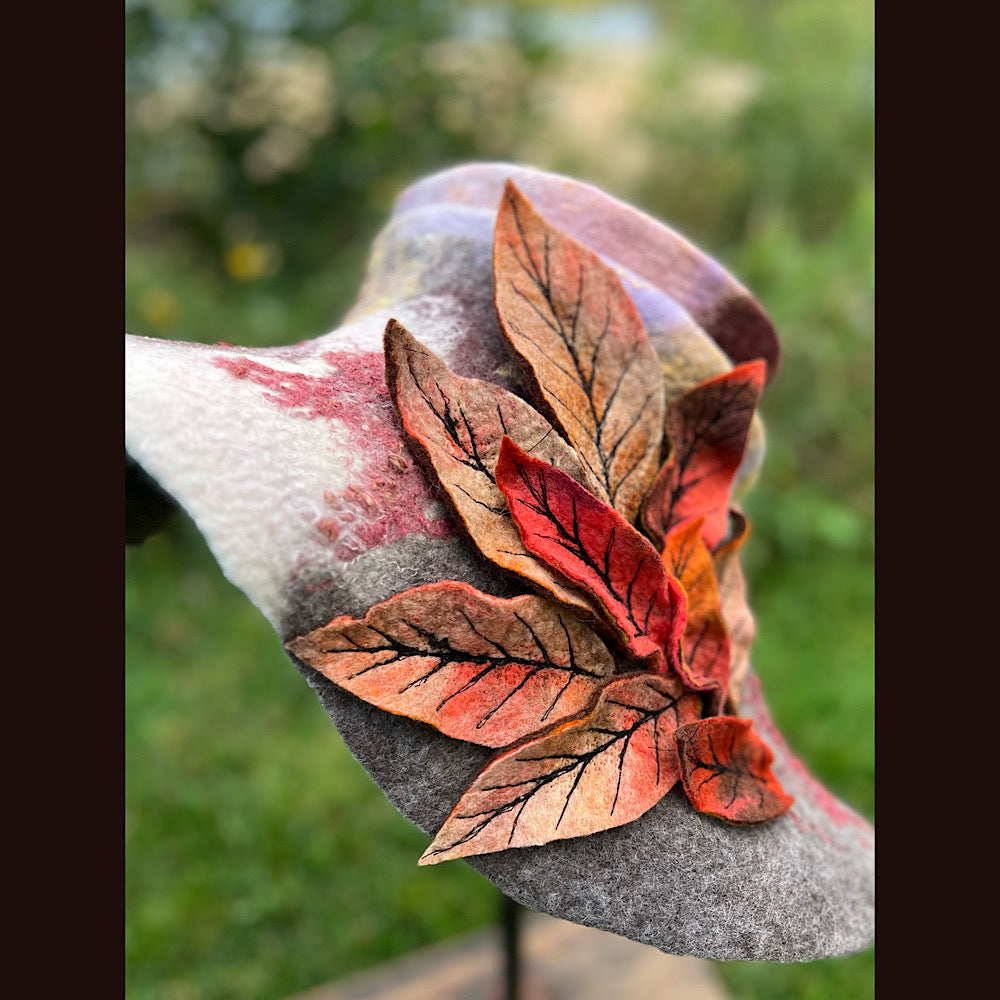Felted top hat with leaves 24” medium large