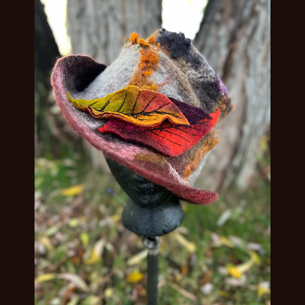 Felted top hat with leaves 24” medium large