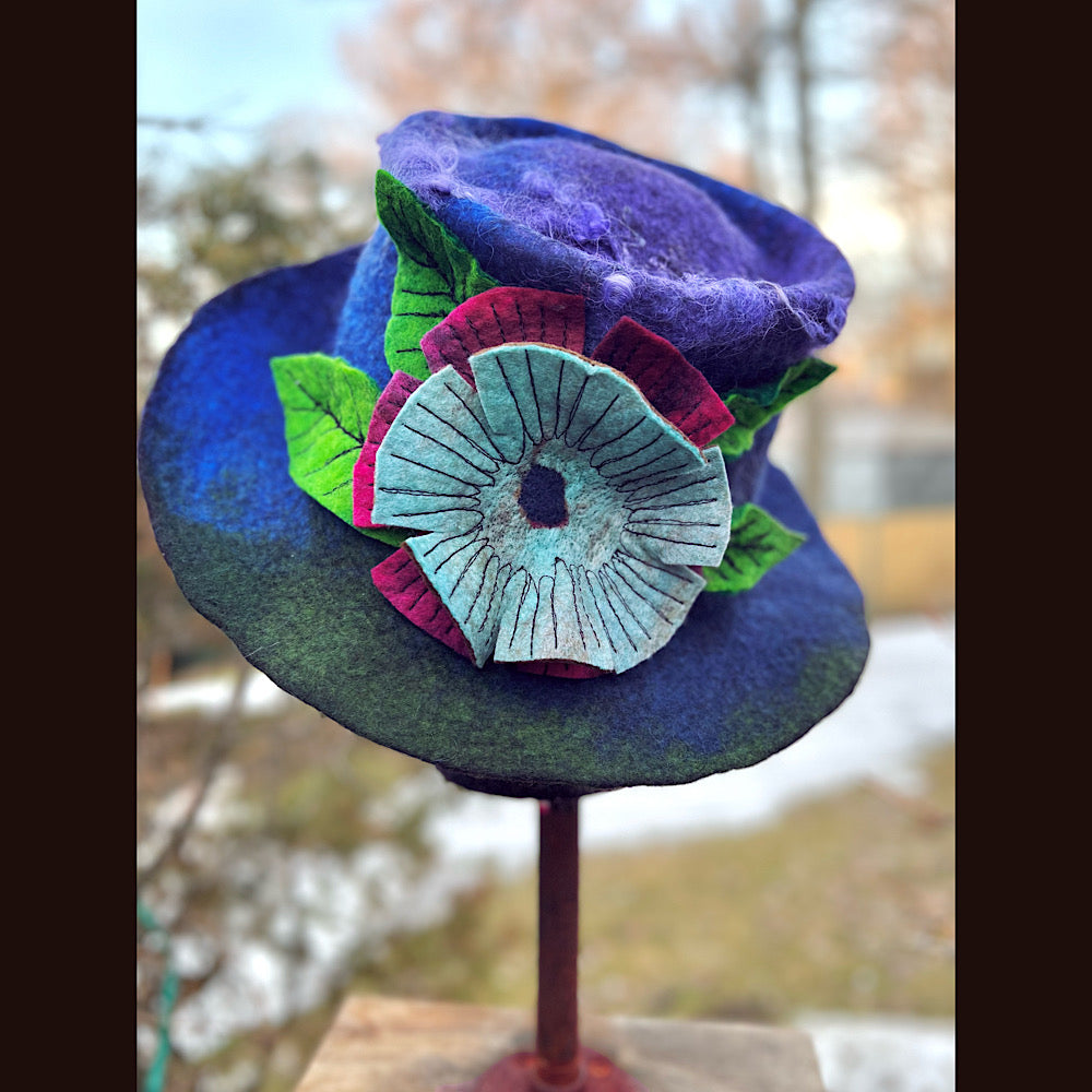 Felted top hat with flowers 23” 1/2 medium