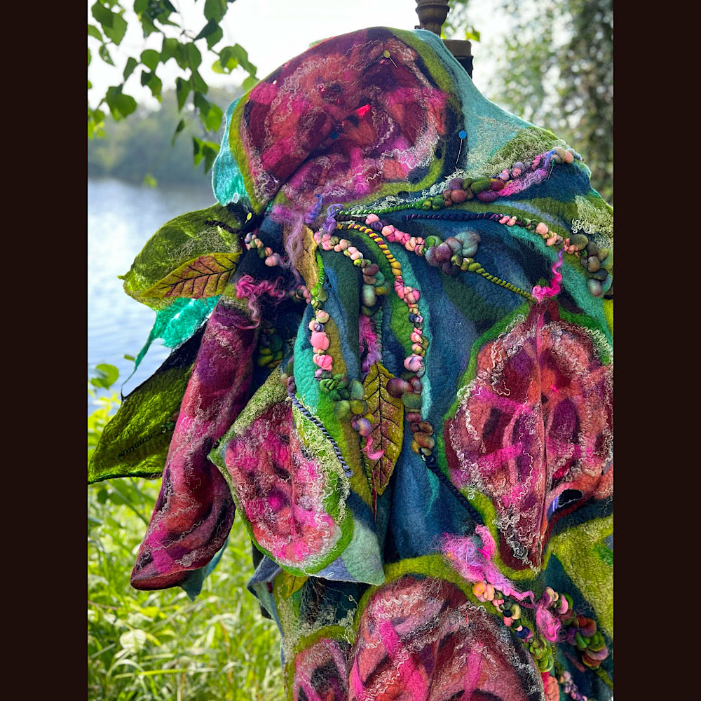 Wild Roses Large Felted Shawl 80” X 30”