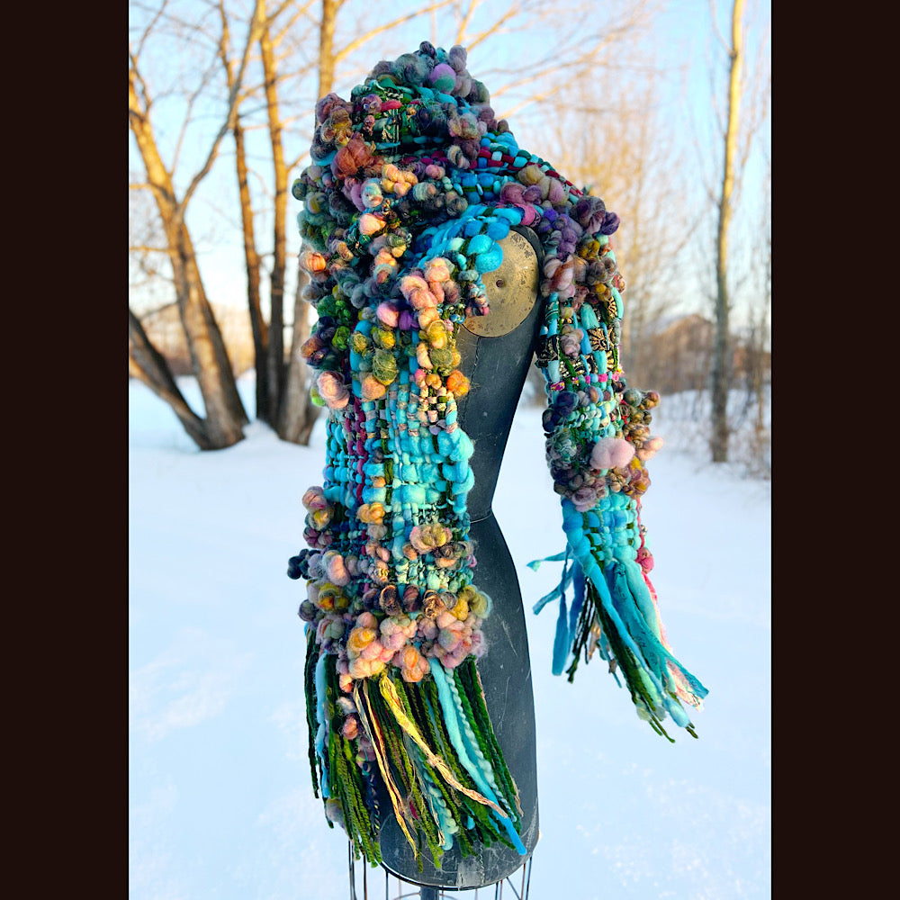 Woven scarf made of hand spun yarn 84” X 10”