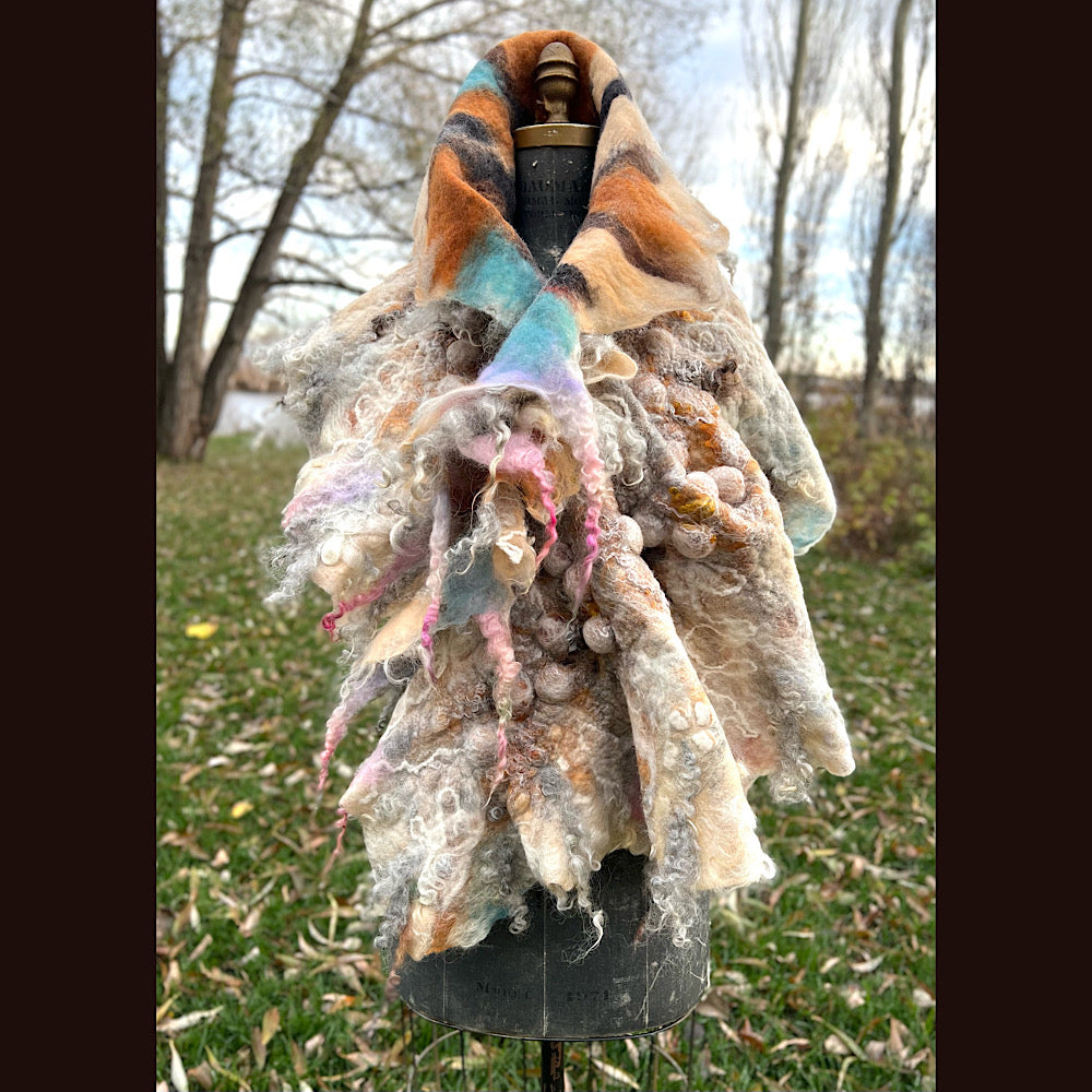 L’Esprit du bois 2024  felted shawl 72” X 22”