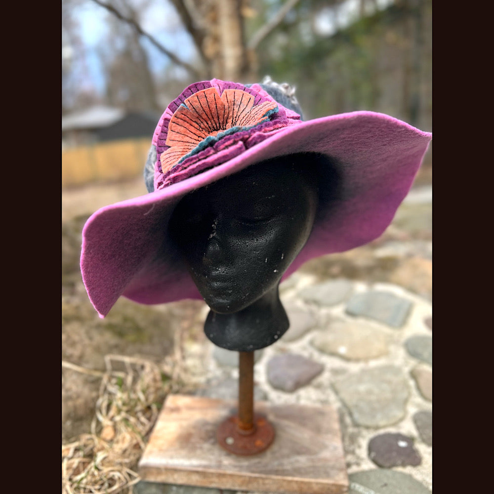 Felted top hat with rose 23” 1/2 medium