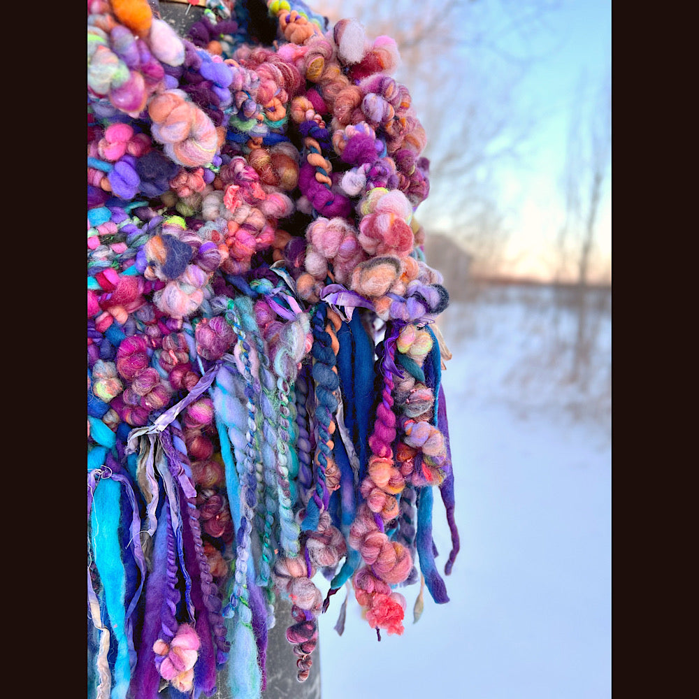 “Glorious innocence “ Woven scarf made of hand spun yarn 84” X 10”