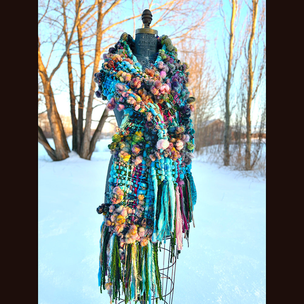 Woven scarf made of hand spun yarn 84” X 10”