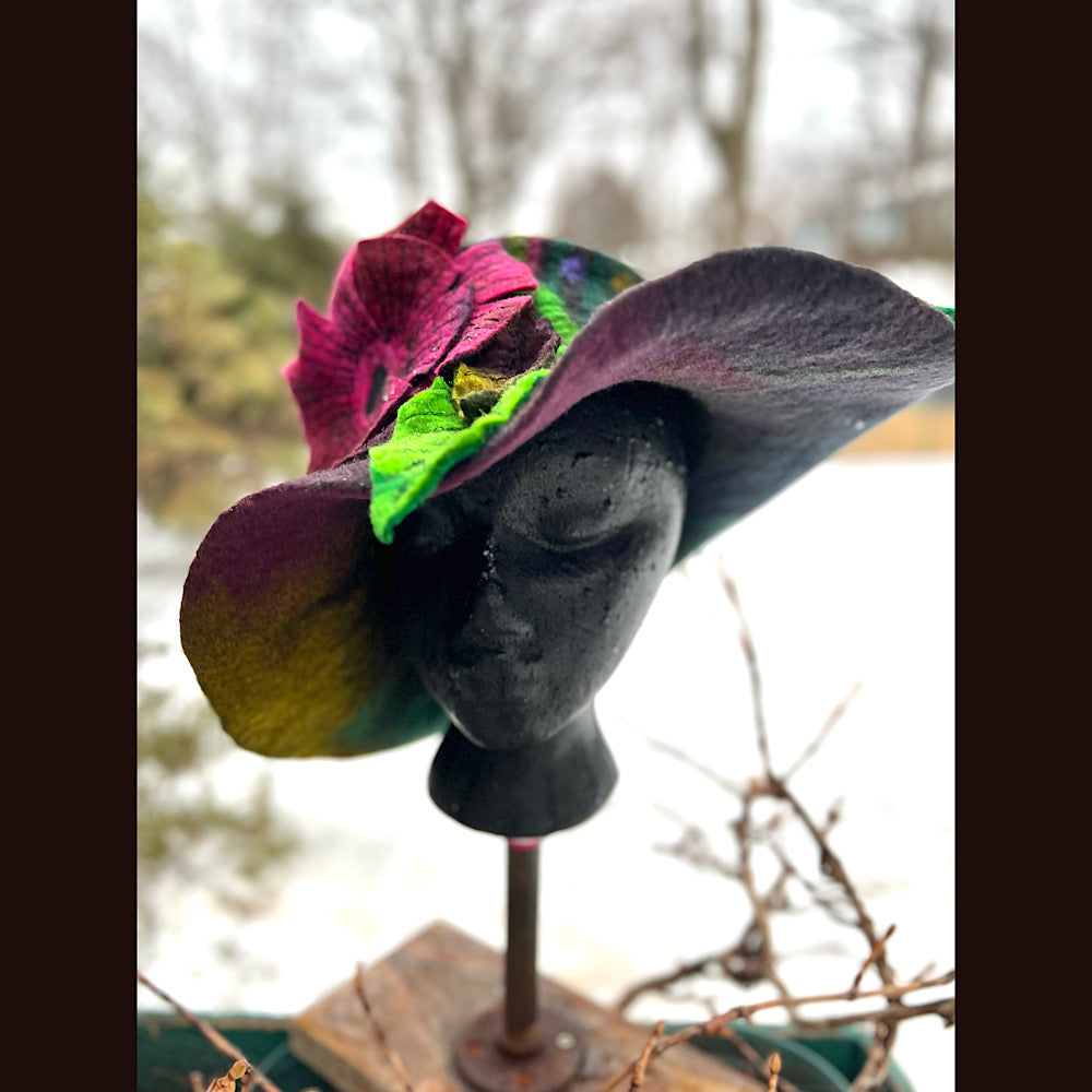 Felted top hat with rose 23” medium