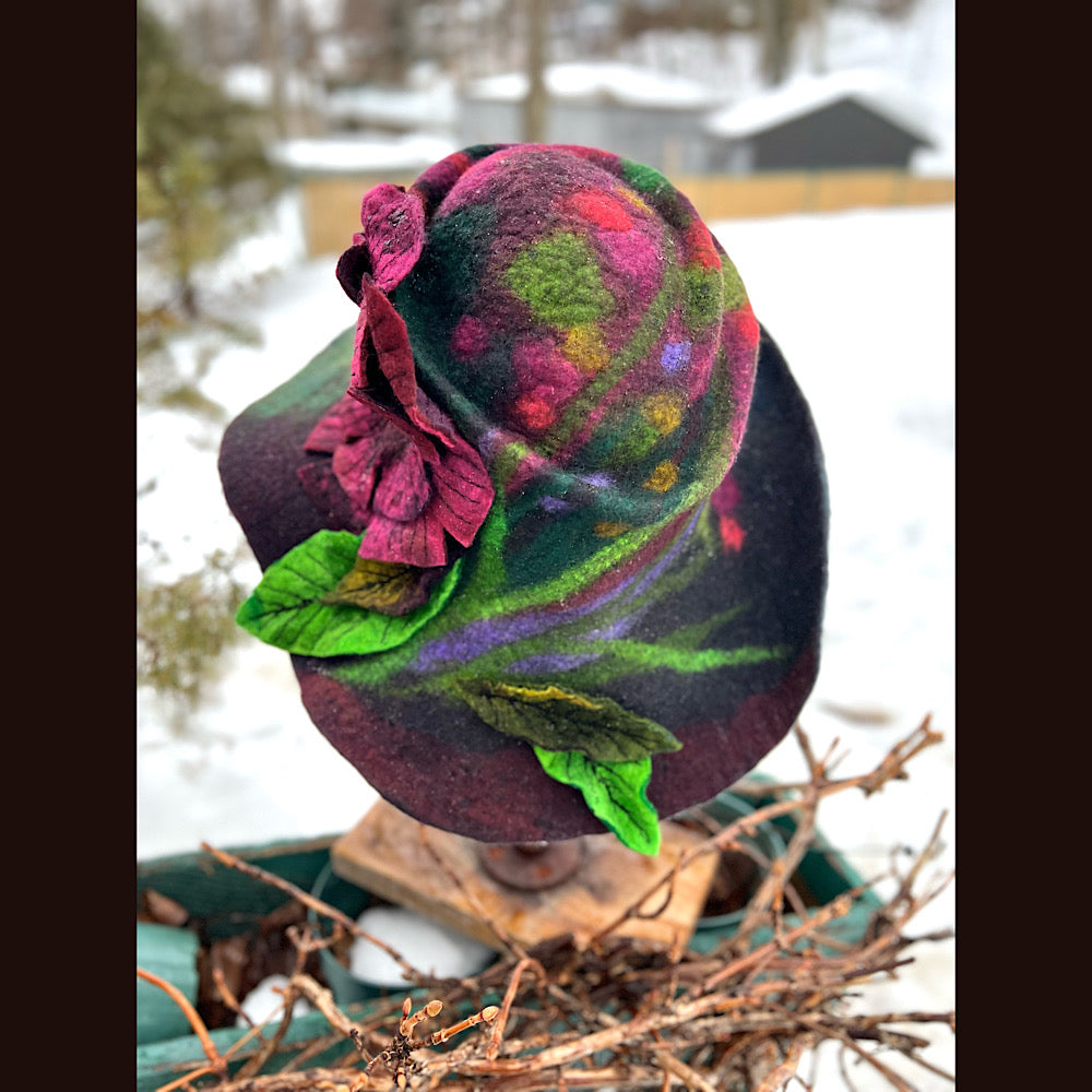 Felted top hat with rose 23” medium