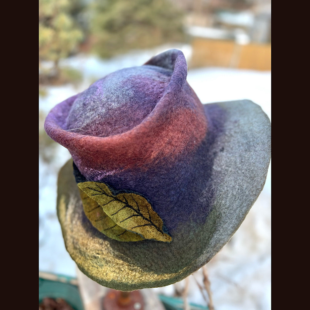 Felted top hat with leaves 23” 1/2 medium