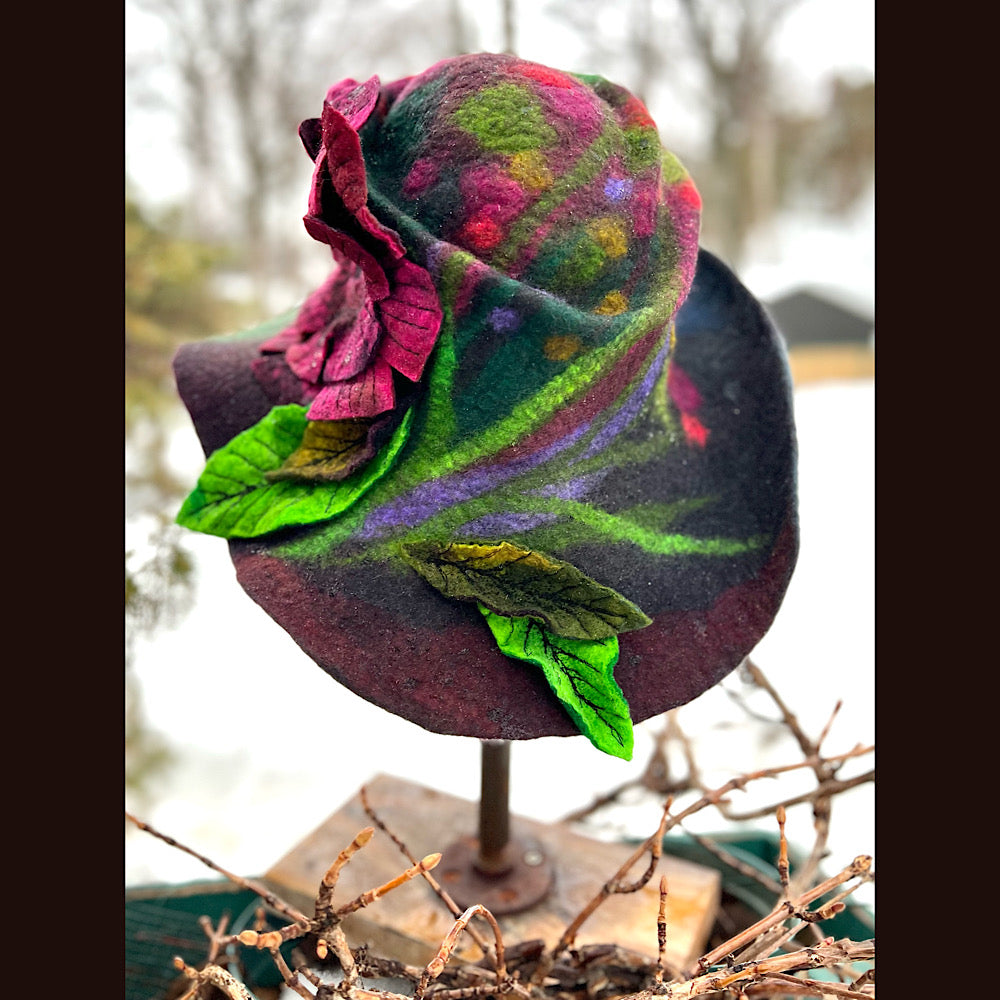 Felted top hat with rose 23” medium