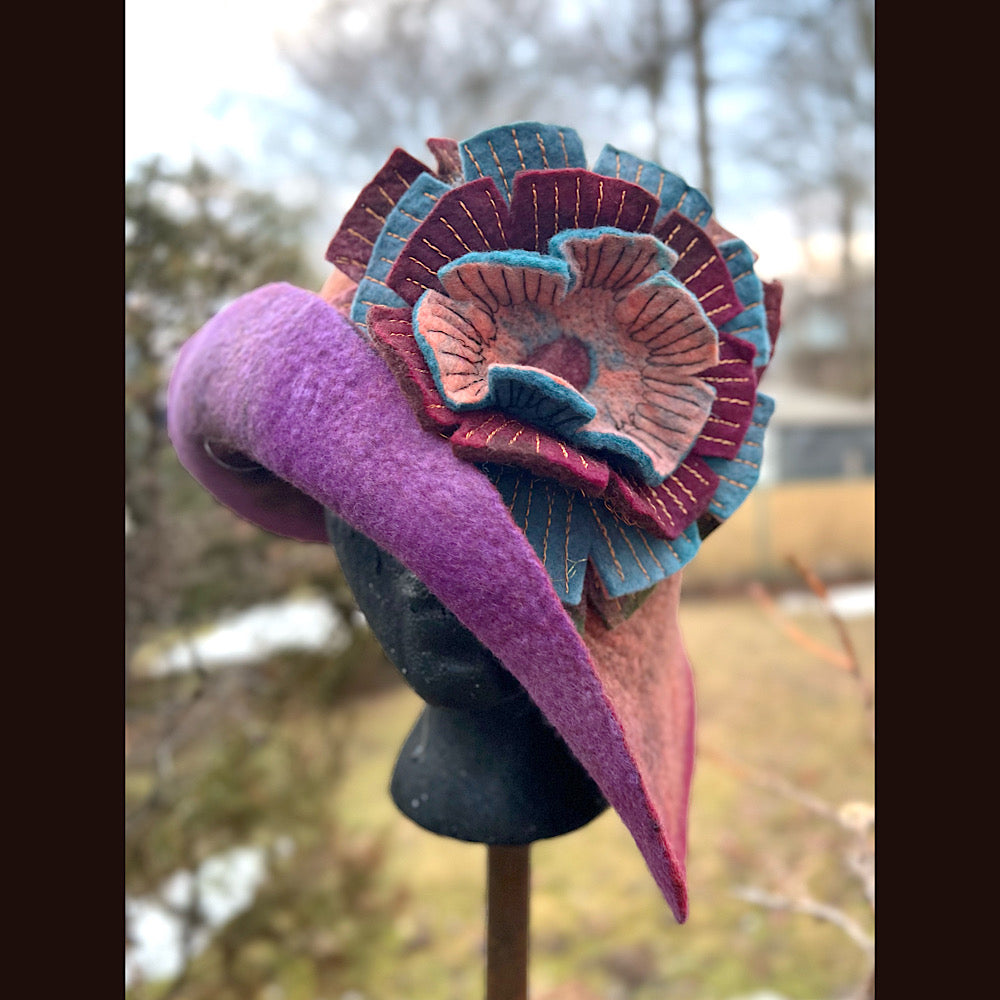 Felted cloche hat with flower 23” 1/2 medium