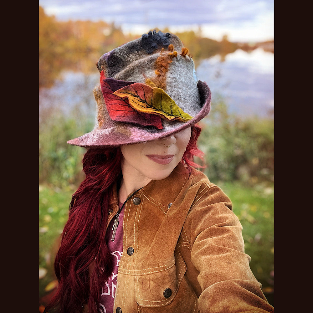 Felted top hat with leaves 24” medium large