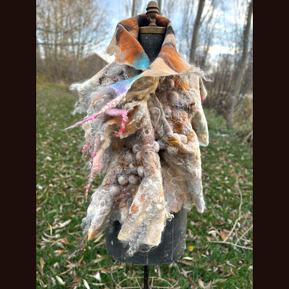 L’Esprit du bois 2024  felted shawl 72” X 22”