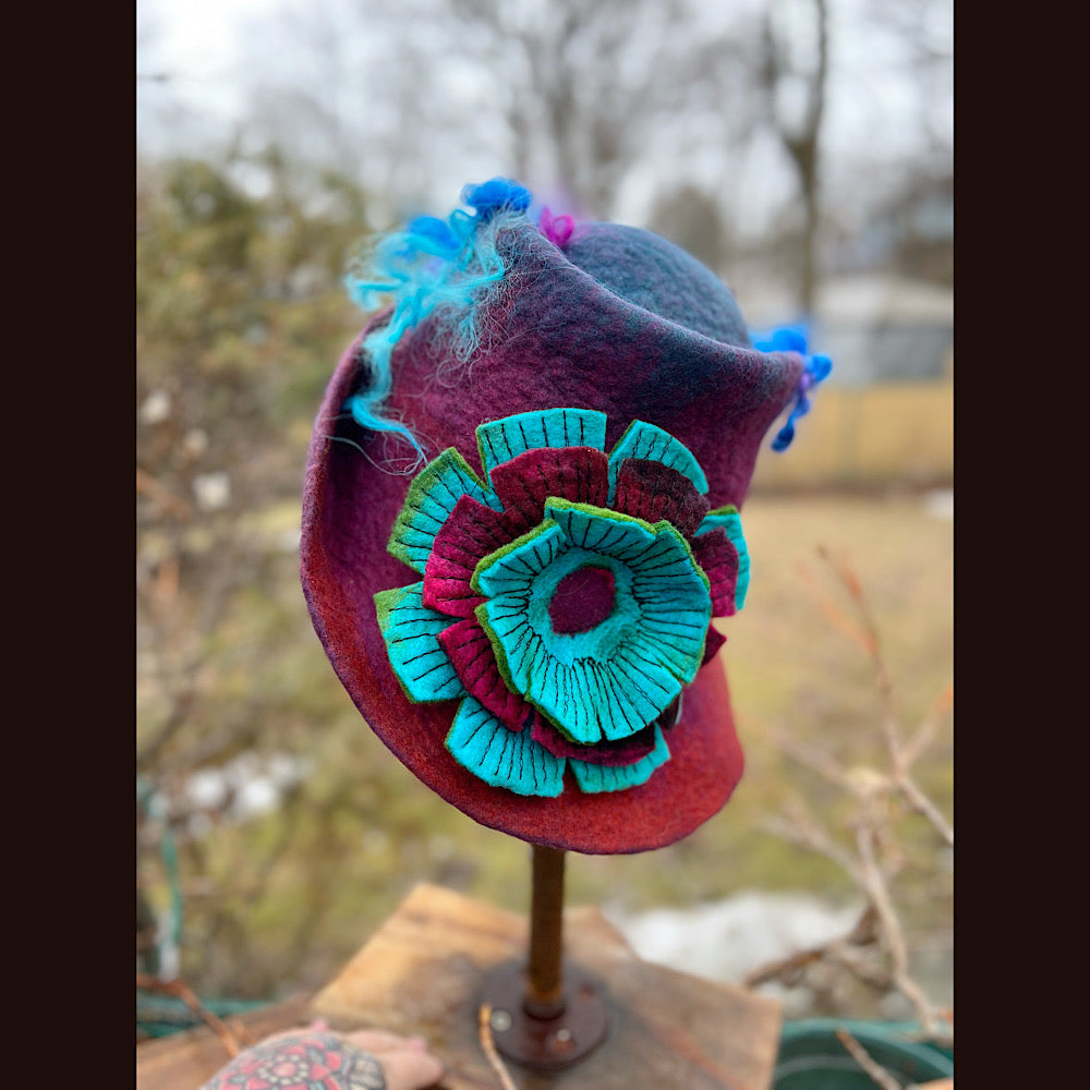 Felted top hat with flower 22” small