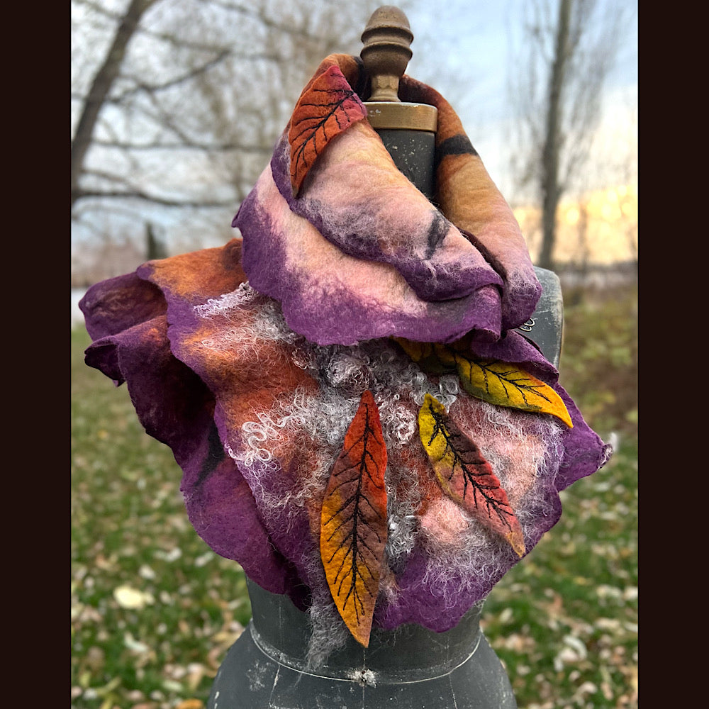 Autumn butterfly felted scarf 50” X 18”