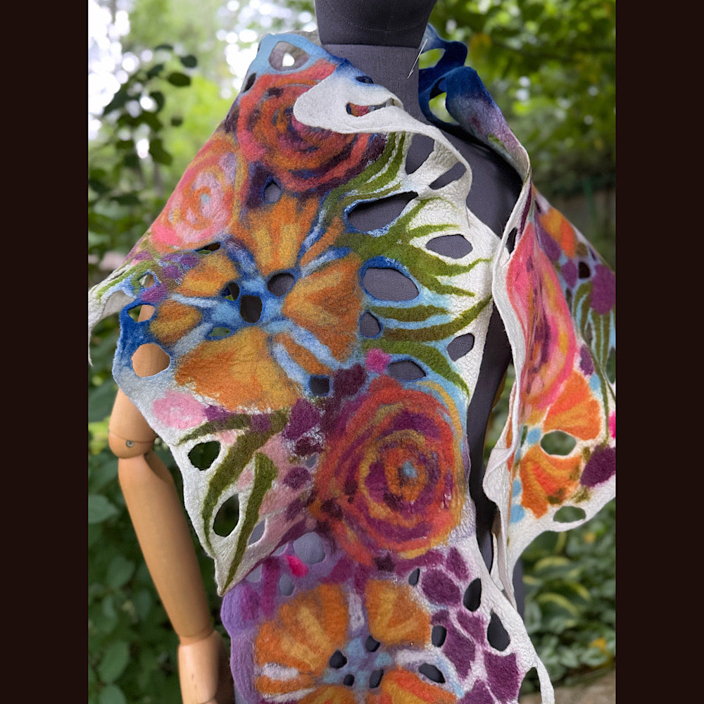 OOAK Handmade wool Felted Scarf 90” X 16” Original art work