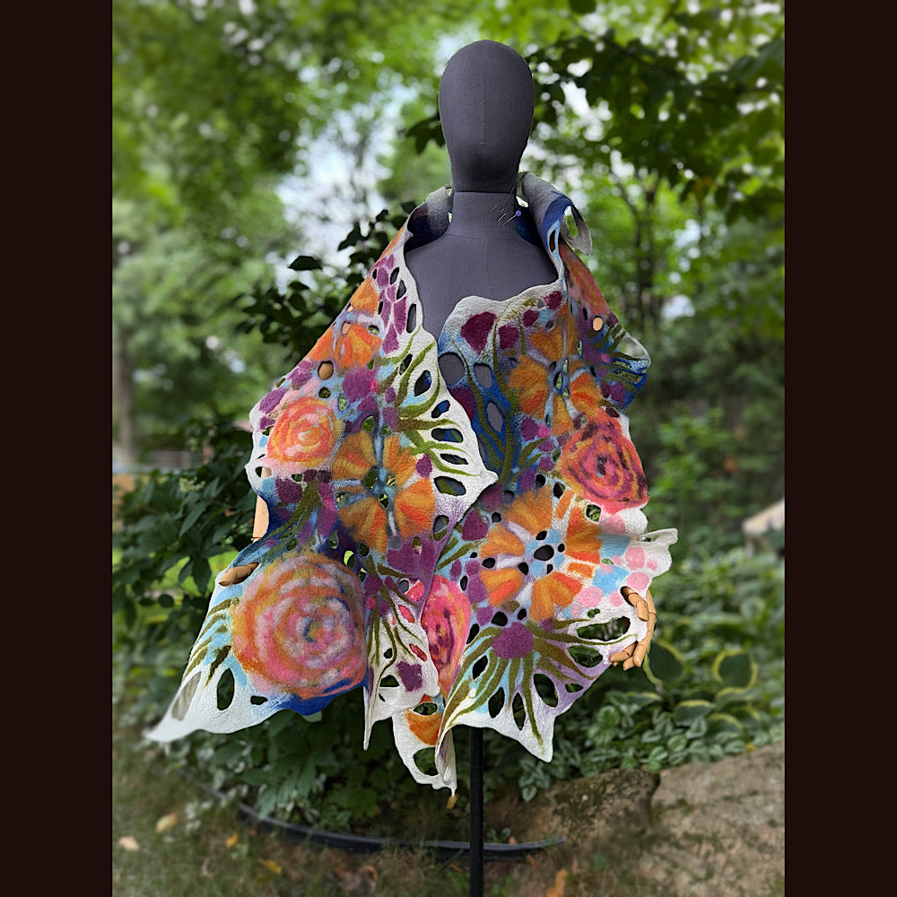 OOAK Handmade wool Felted Scarf 90” X 16” Original art work
