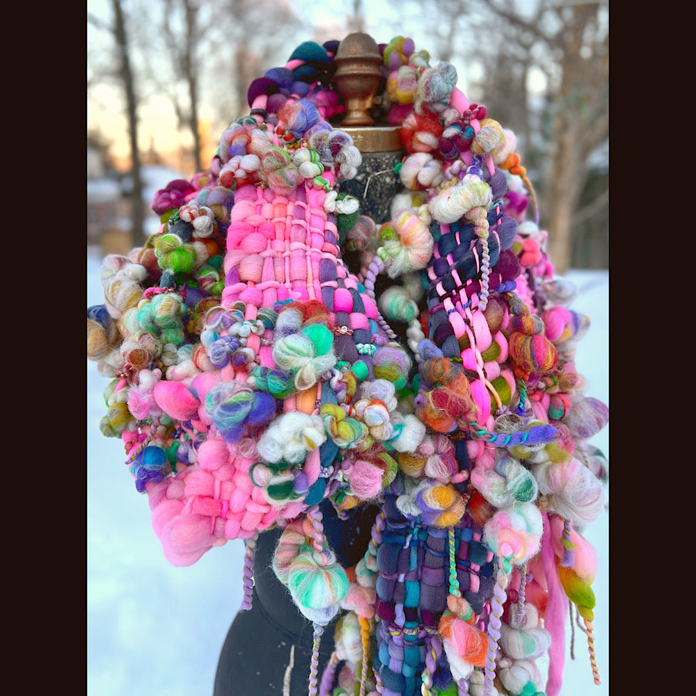 Frosted primroses woven art yarn Scarf 102” X 8” 1.6 pound!