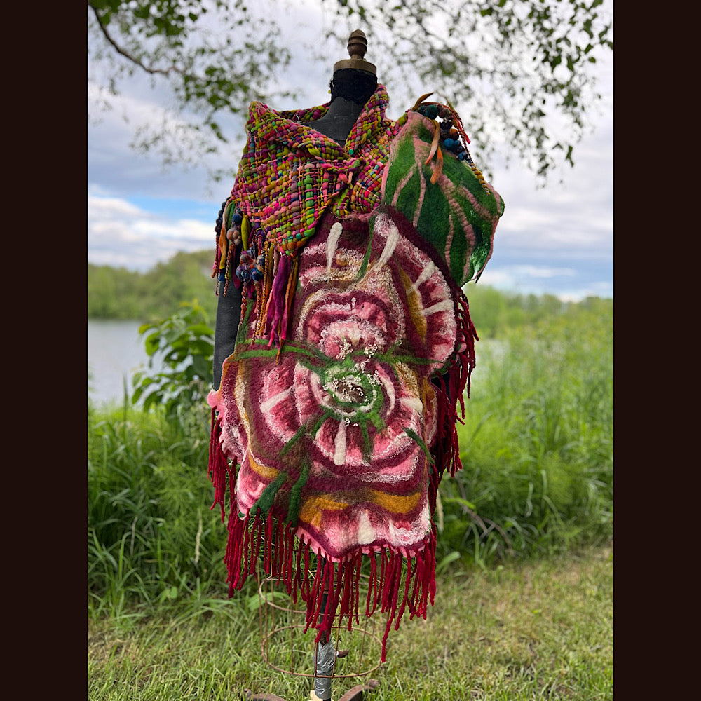 Woven shawl with felted rose 70” X 25”