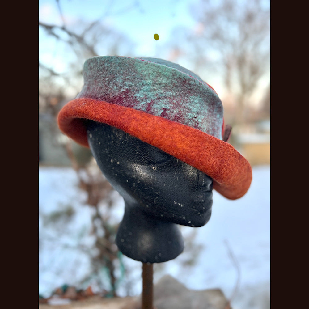 Felted top hat with flower 23” 1/2 medium