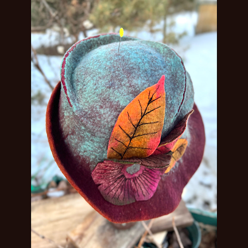 Felted top hat with flower 23” 1/2 medium