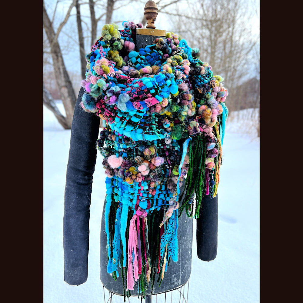 Woven scarf made of hand spun yarn 84” X 10”