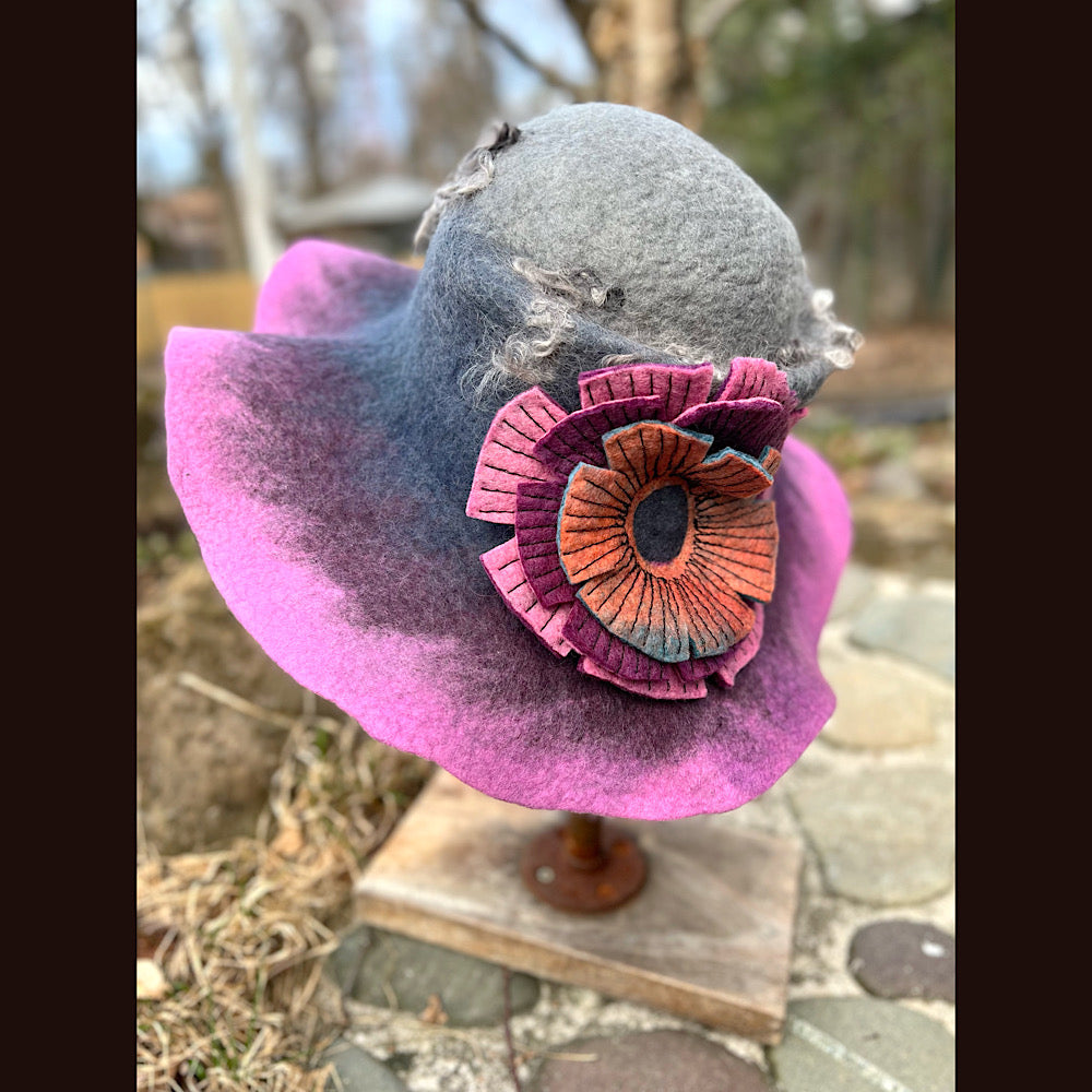 Felted top hat with rose 23” 1/2 medium