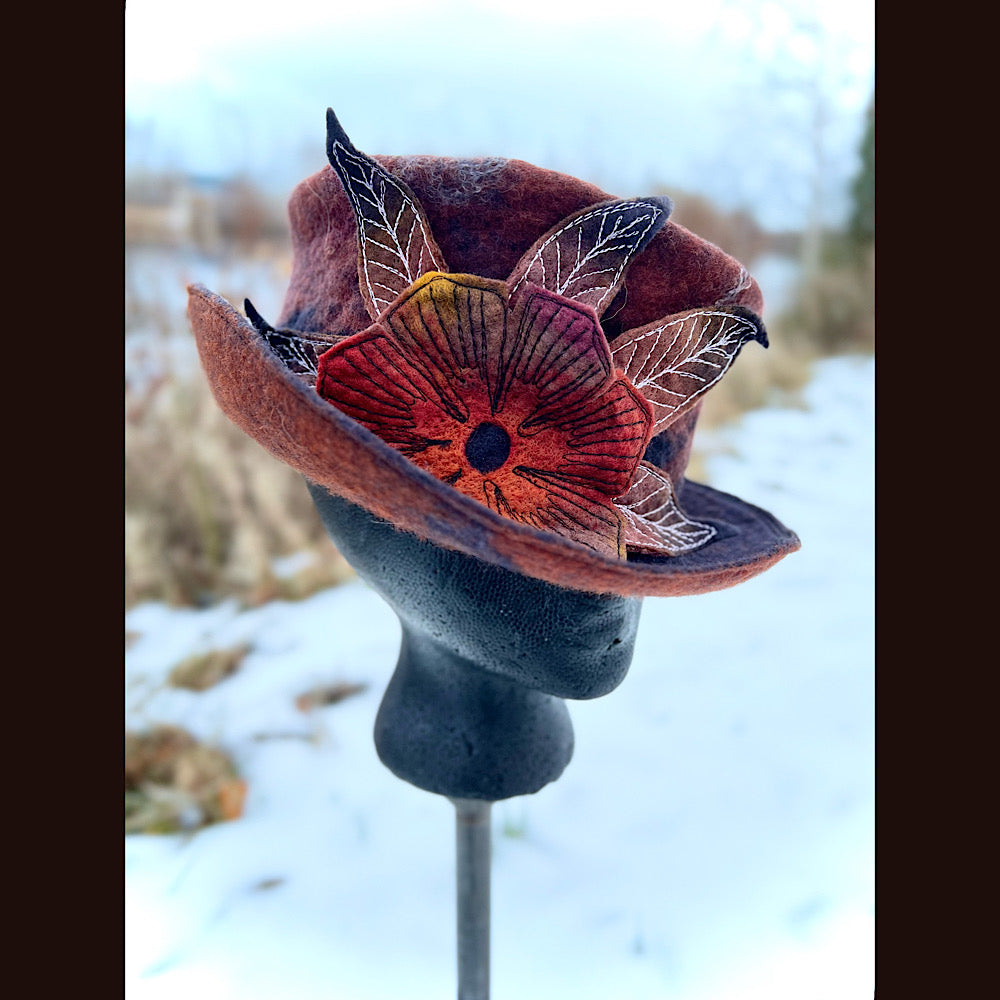 Felted top hat with rose 23” medium