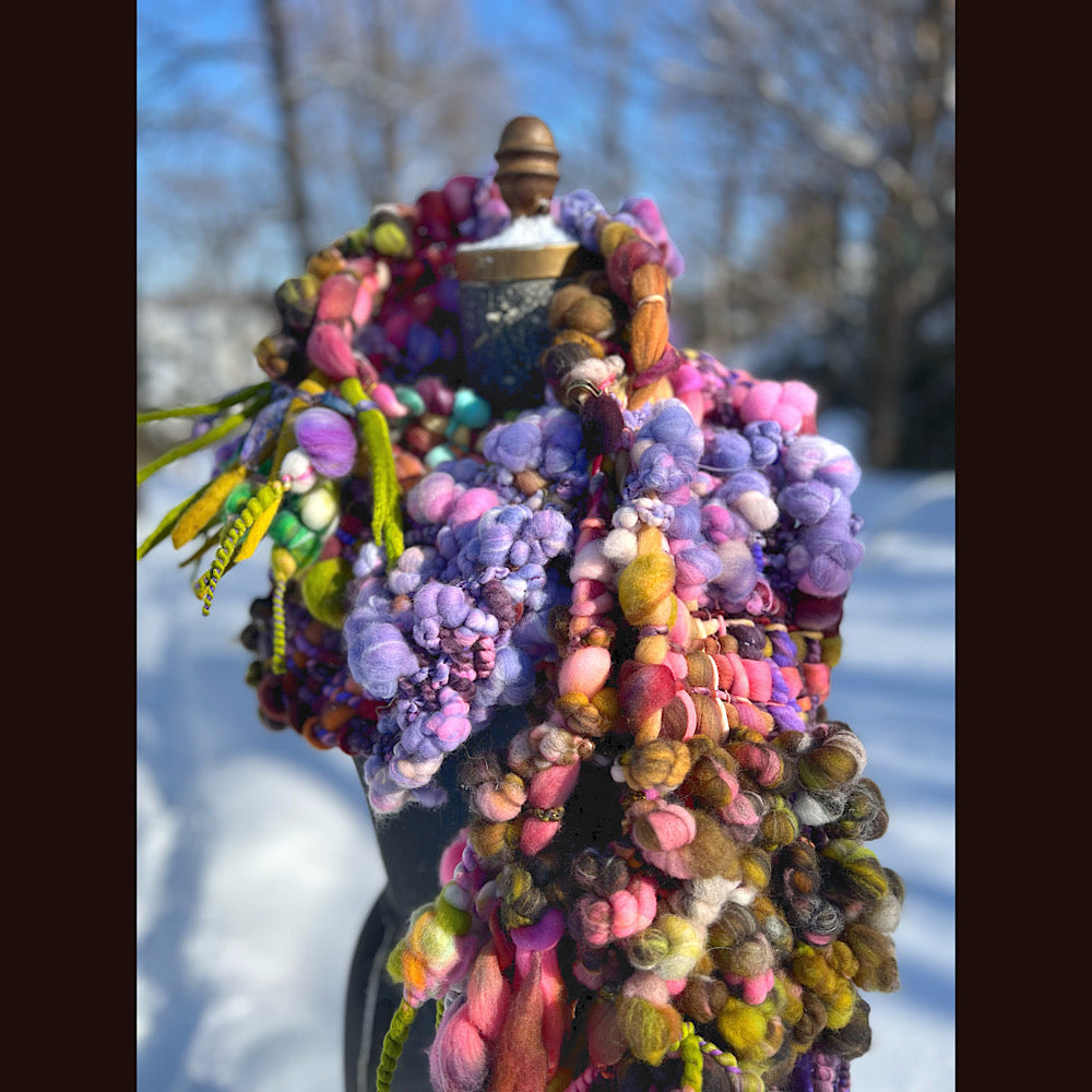 Velvet roses  woven art yarn Scarf 102” X 7 1/2”