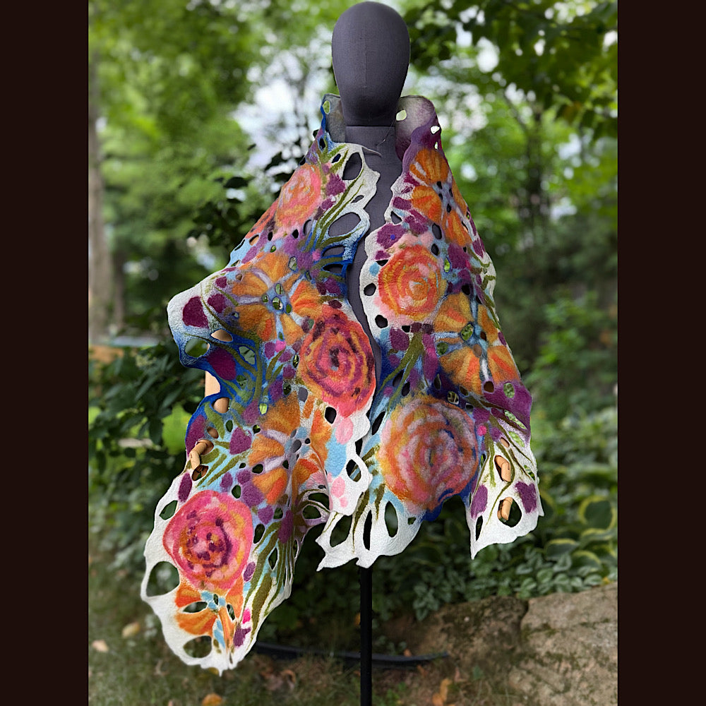 OOAK Handmade wool Felted Scarf 90” X 16” Original art work