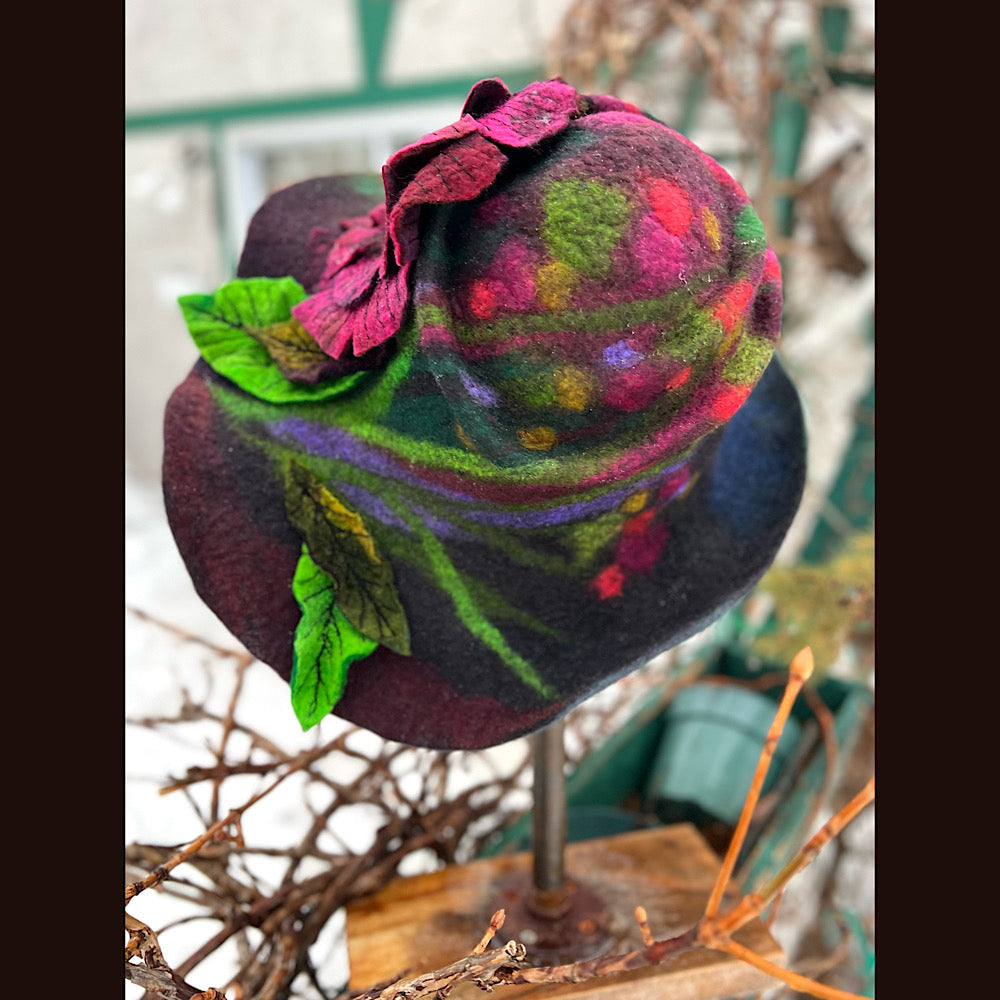 Felted top hat with rose 23” medium