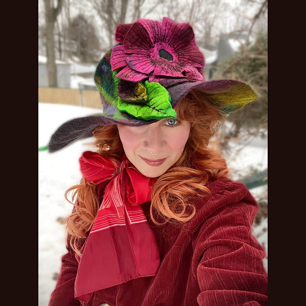 Felted top hat with rose 23” medium