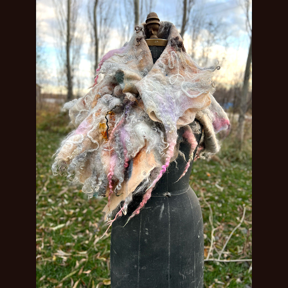L’Esprit du bois 2024  felted shawl 72” X 22”