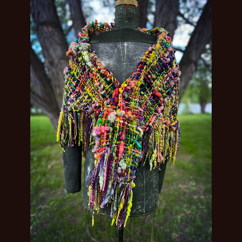 Rainbow warrior Woven shawl 82” X 36” 1 pound