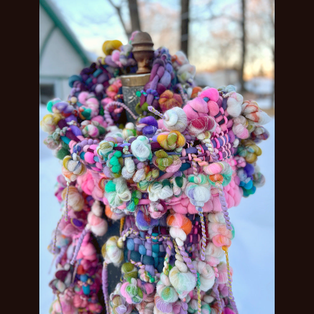 Frosted primroses woven art yarn Scarf 102” X 8” 1.6 pound!