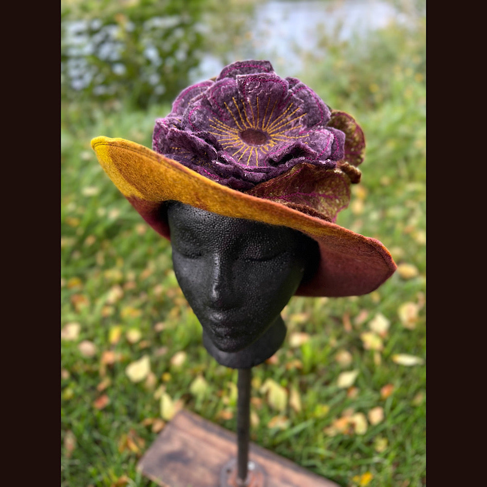 Felted top hat with rose 23.5” medium