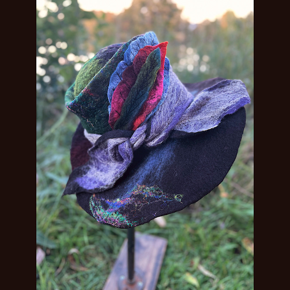Felted top hat with leaves 23.5” medium