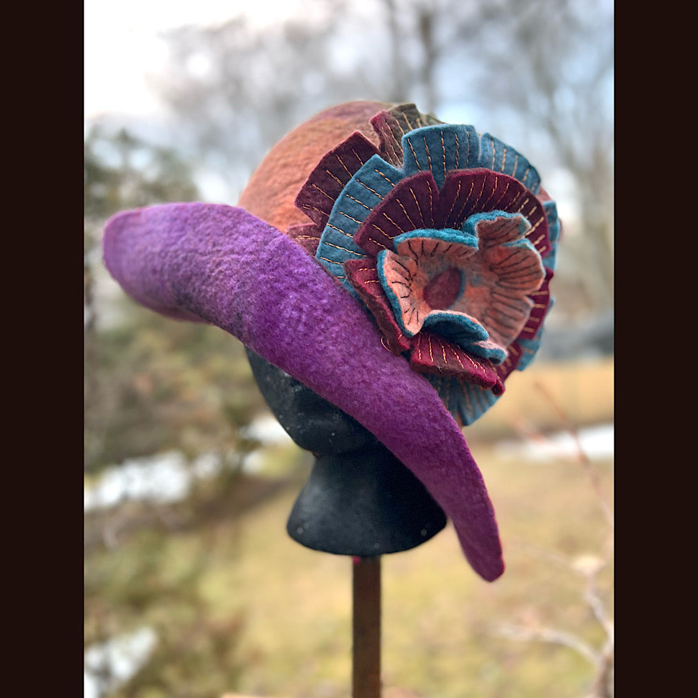 Felted cloche hat with flower 23” 1/2 medium