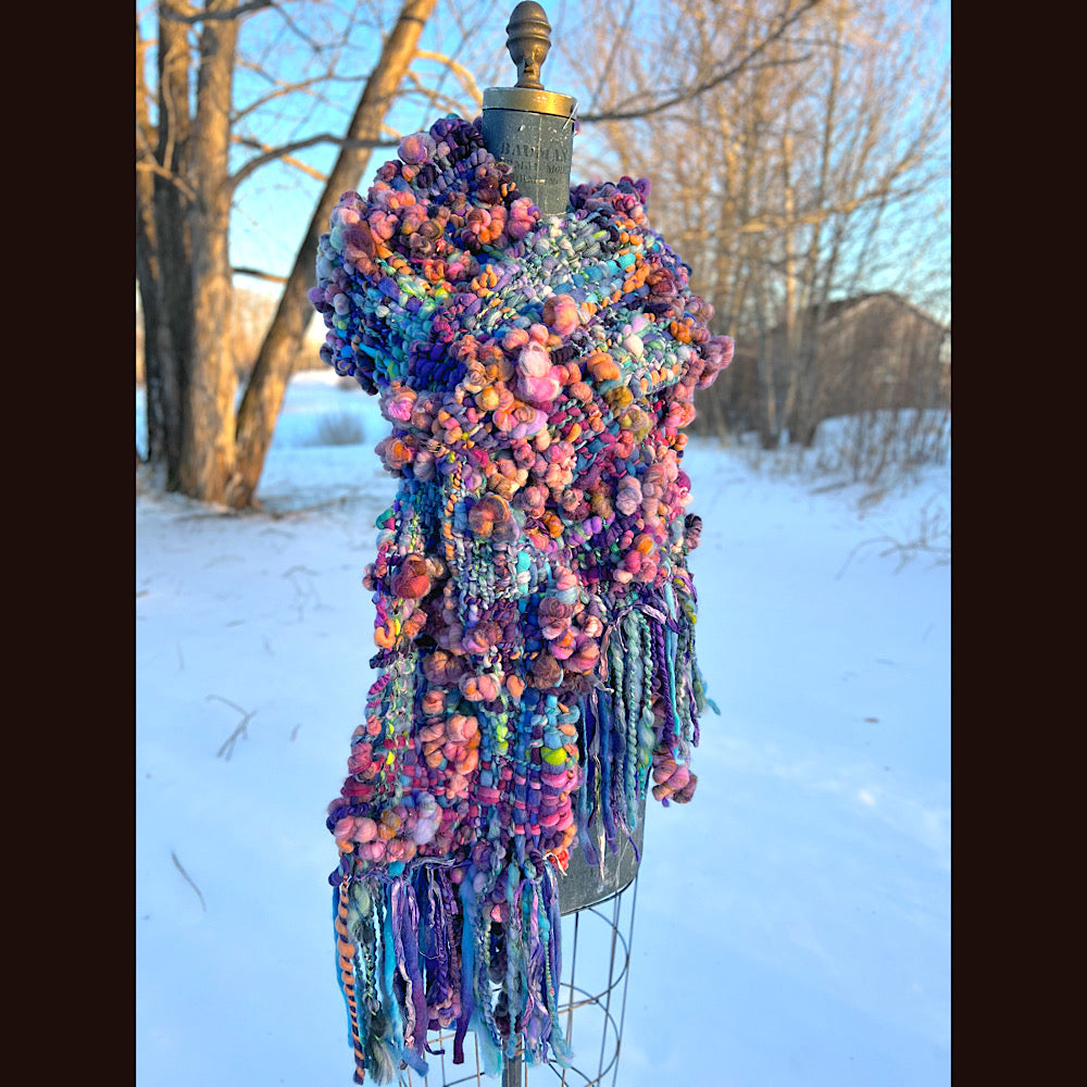 “Glorious innocence “ Woven scarf made of hand spun yarn 84” X 10”