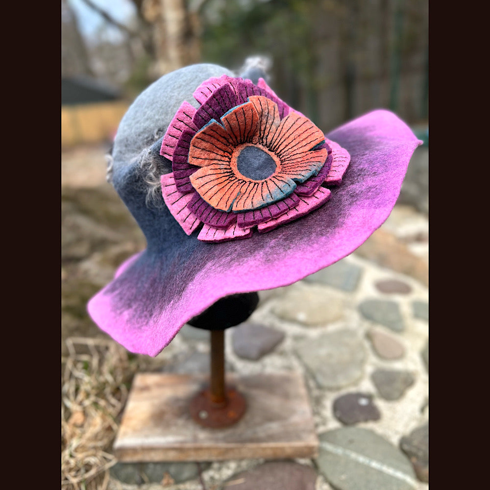 Felted top hat with rose 23” 1/2 medium