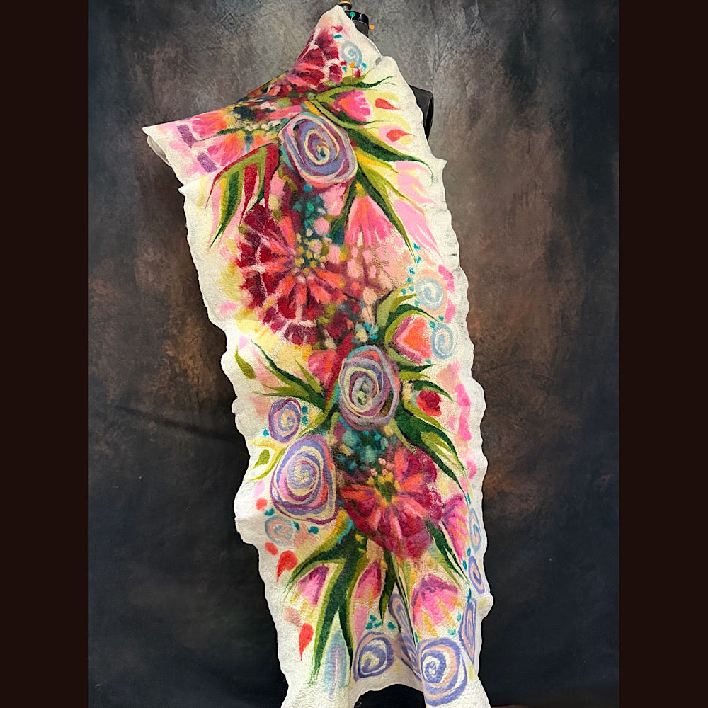 OOAK Handmade wool Felted Scarf 84” X 20” Original art work
