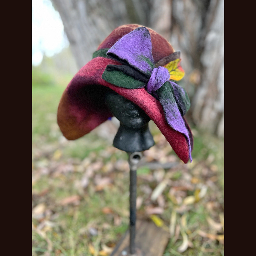 Felted cloche hat with leaves and bow 24” medium large
