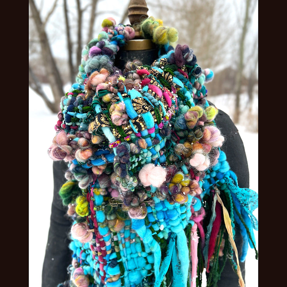 Woven scarf made of hand spun yarn 84” X 10”