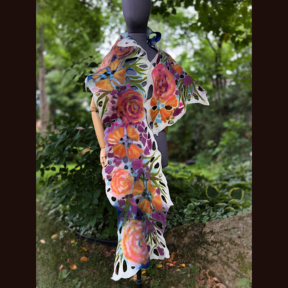 OOAK Handmade wool Felted Scarf 90” X 16” Original art work